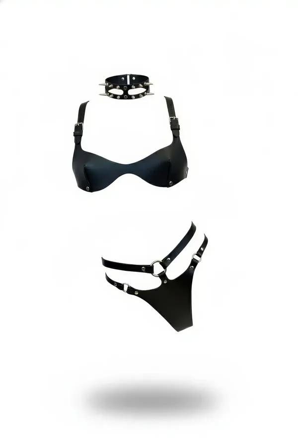 siyah vegan deri harness bralet seti gümüş zımbalı choker ve harness külot 3 parça