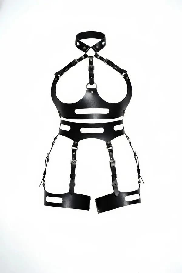 siyah vegan deri jartiyer harness bel ve bacak desteği, metal tokalı yapılandırılmış tam vücut harness