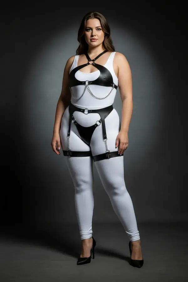 plus size black faux leather body harness with silver O-rings draping chains and adjustable garter straps worn over white out