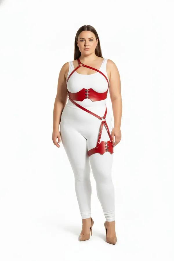 red faux leather strappy body harness with underbust band, diagonal O-ring hip strap, and scallop-edged thigh cuff, silver ha