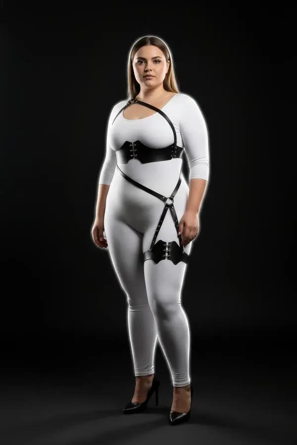 plus size black faux leather corset body harness with right thigh strap and silver hook-and-eye closures, worn over white bod