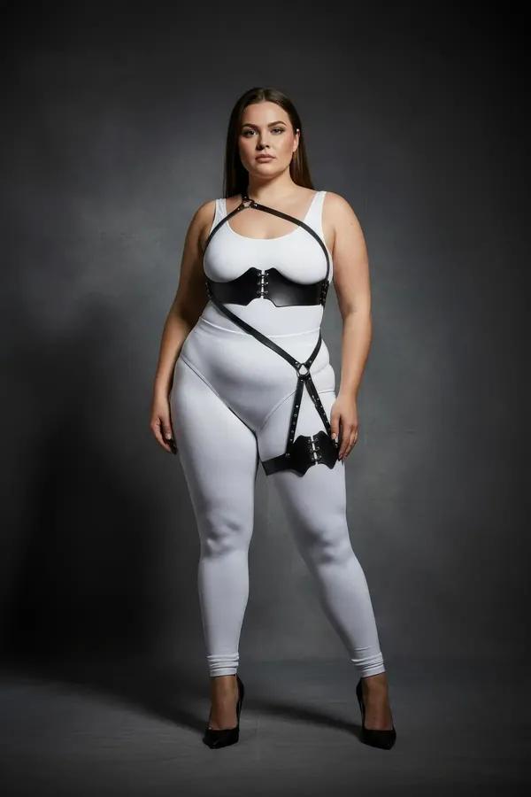 plus size black faux leather corset body harness with right thigh strap and silver hook-and-eye closures, worn over white bod