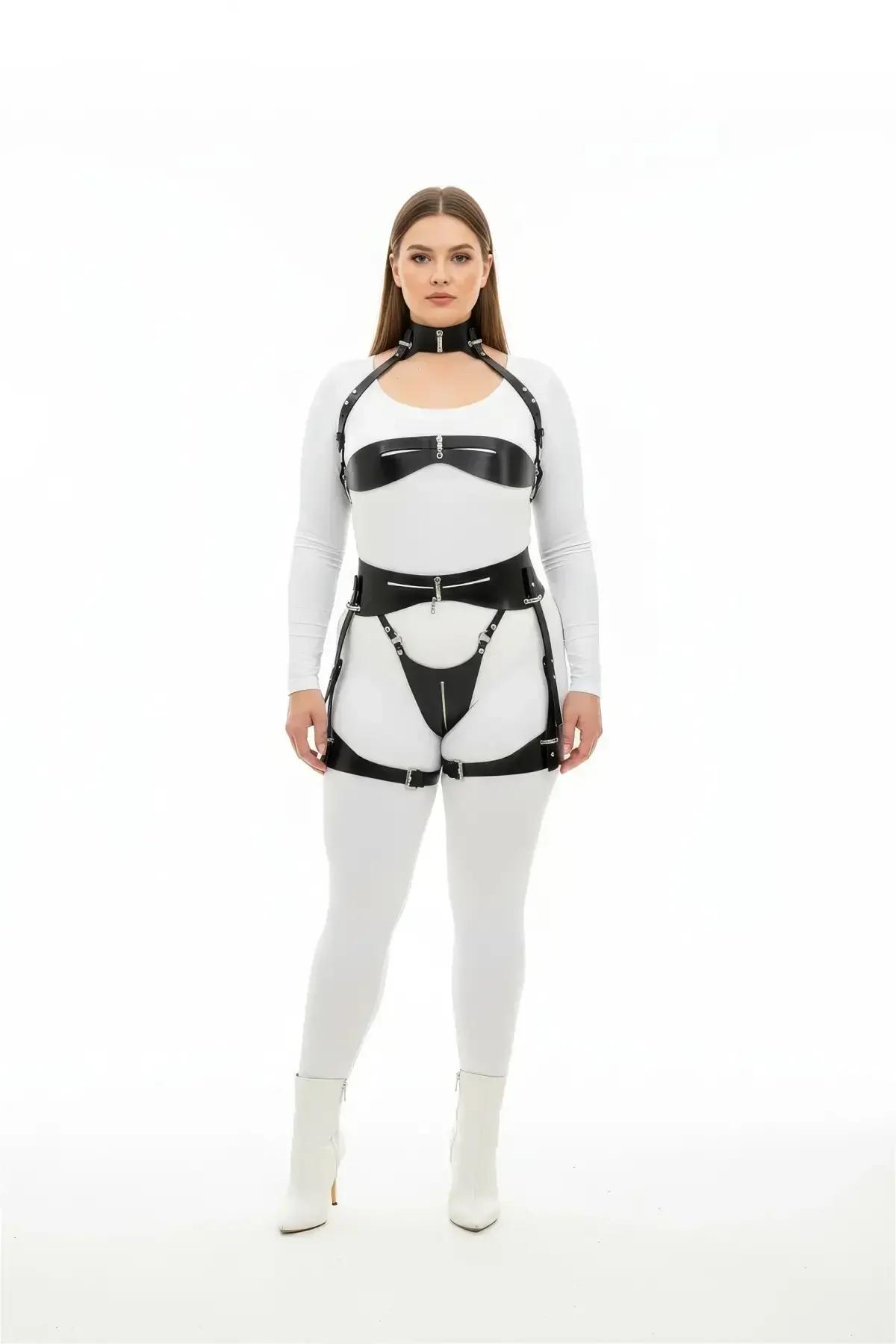büyük beden siyah vegan deri harness takım jartiyerli gümüş metal toka ile üç parçalı set