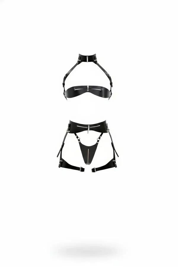 siyah suni deri jartiyer harness bralet takım gümüş fermuar ve toka detaylı iki parça set