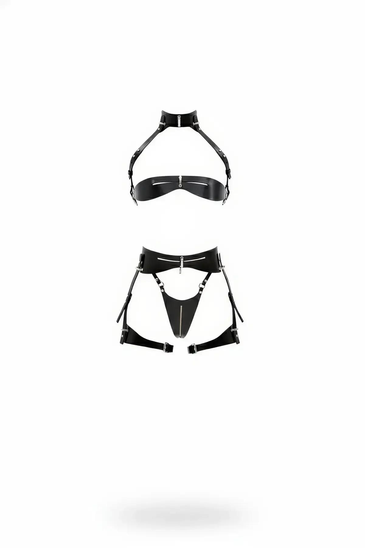 siyah suni deri jartiyer harness bralet takım gümüş fermuar ve toka detaylı iki parça set