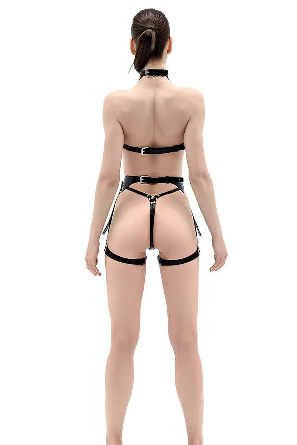 siyah vegan deri harness sütyen takım choker yakalıklı bel bandı ve jartiyer askılı gümüş toka detaylı