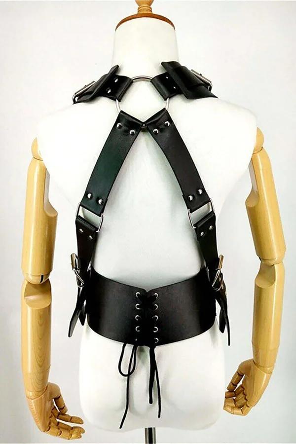 siyah vegan deri tam vücut harness omuz yakalık gümüş O-halka ve bağcıklı korse bel bandı arka görünüm