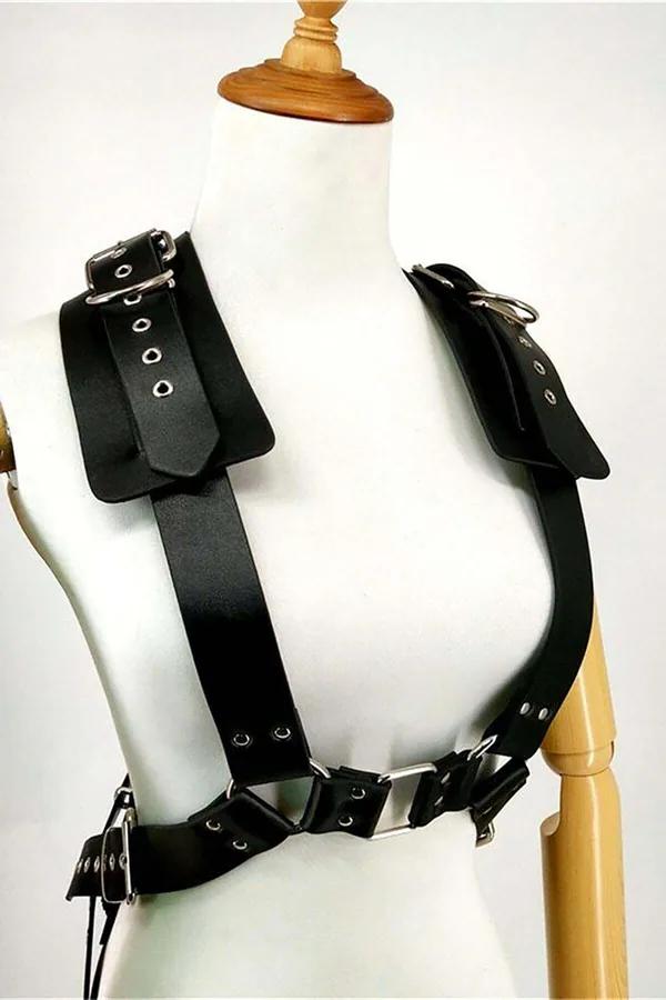 siyah vegan deri tam vücut harness omuz yakalık gümüş O-halka ve bağcıklı korse bel bandı arka görünüm
