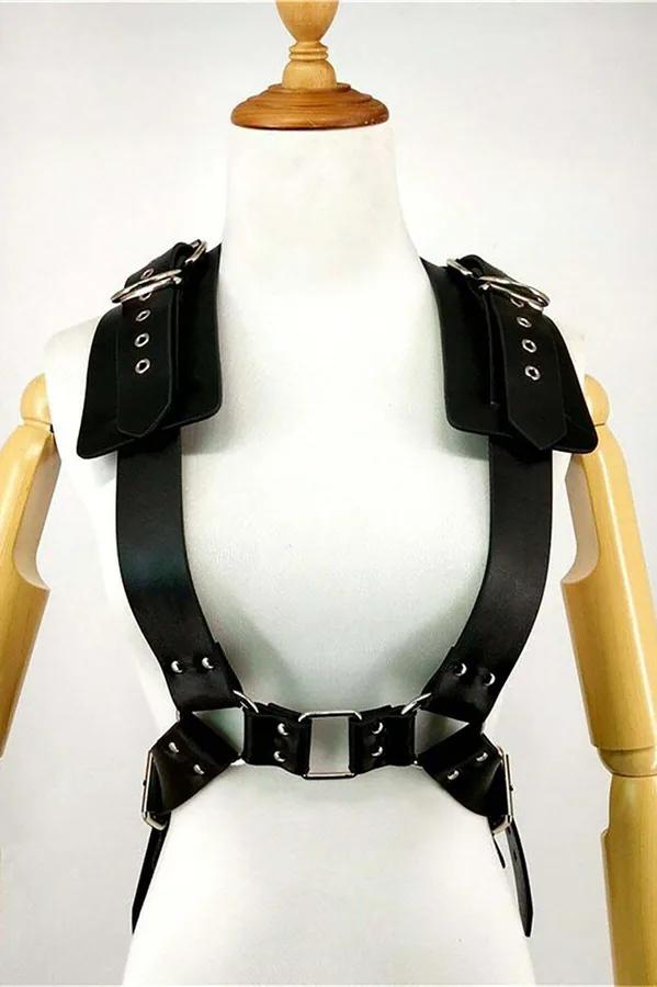siyah vegan deri tam vücut harness omuz yakalık gümüş O-halka ve bağcıklı korse bel bandı arka görünüm