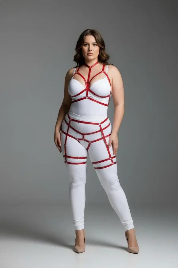 Red faux leather strappy full body harness with silver buckles, chest cage, and adjustable double-band leg garters