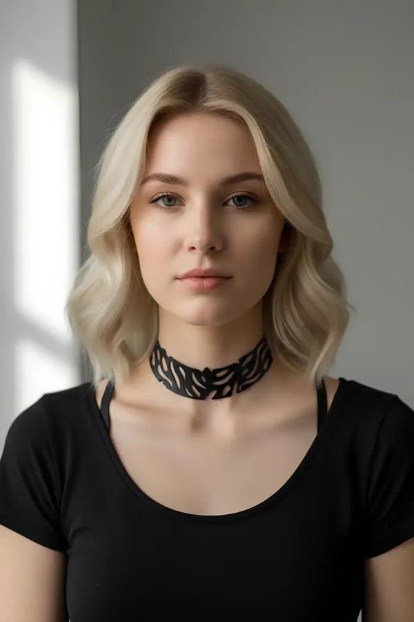 siyah lazer kesim vegan deri choker kolye yaprak geometrik motifli geniş bant boyunda