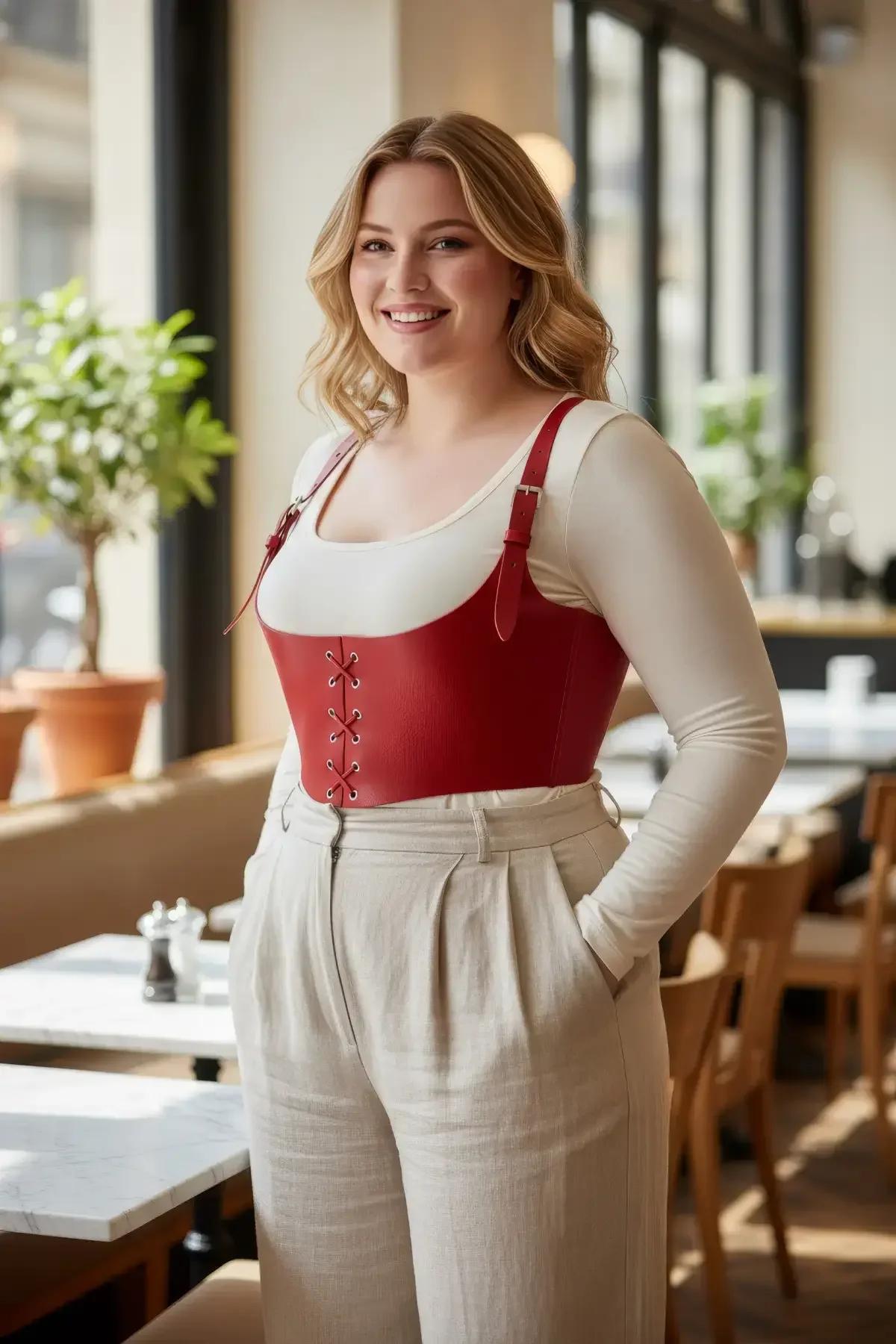 Red faux leather underbust corset harness with front lace-up eyelets and silver buckle shoulder straps worn over white long-s