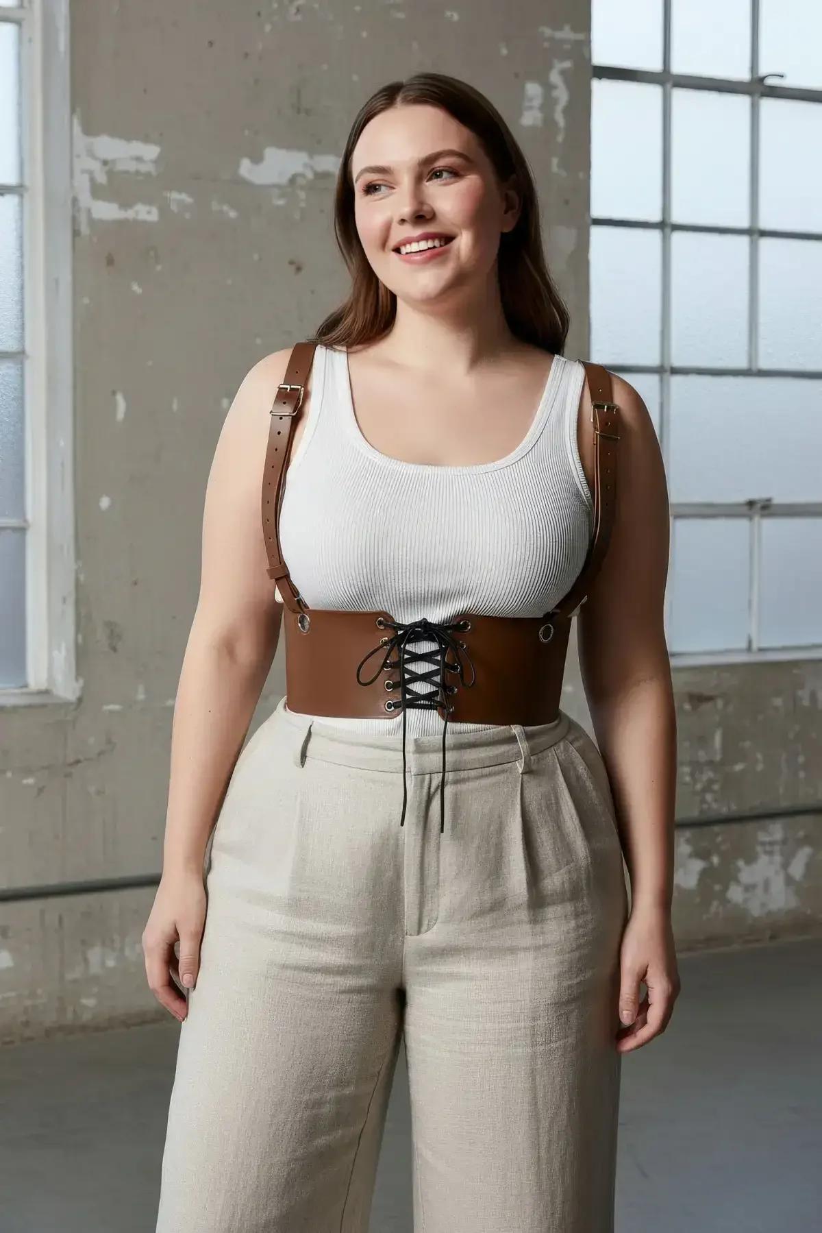 Cognac brown faux leather underbust corset harness belt with black lace-up front and gold-tone shoulder strap buckles worn ov