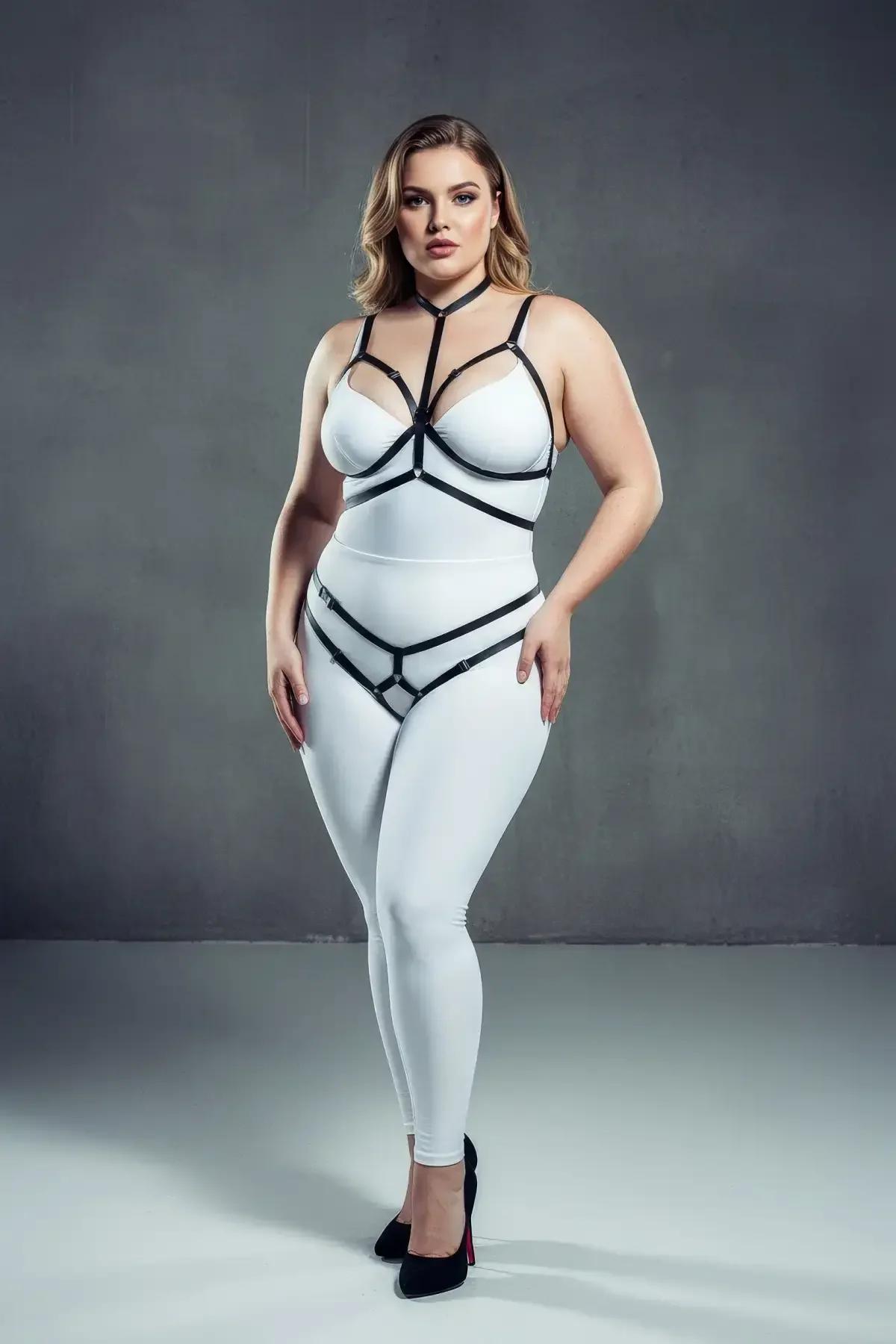 black elastic full body harness with choker collar chest cage and hip strap cage worn by plus size model