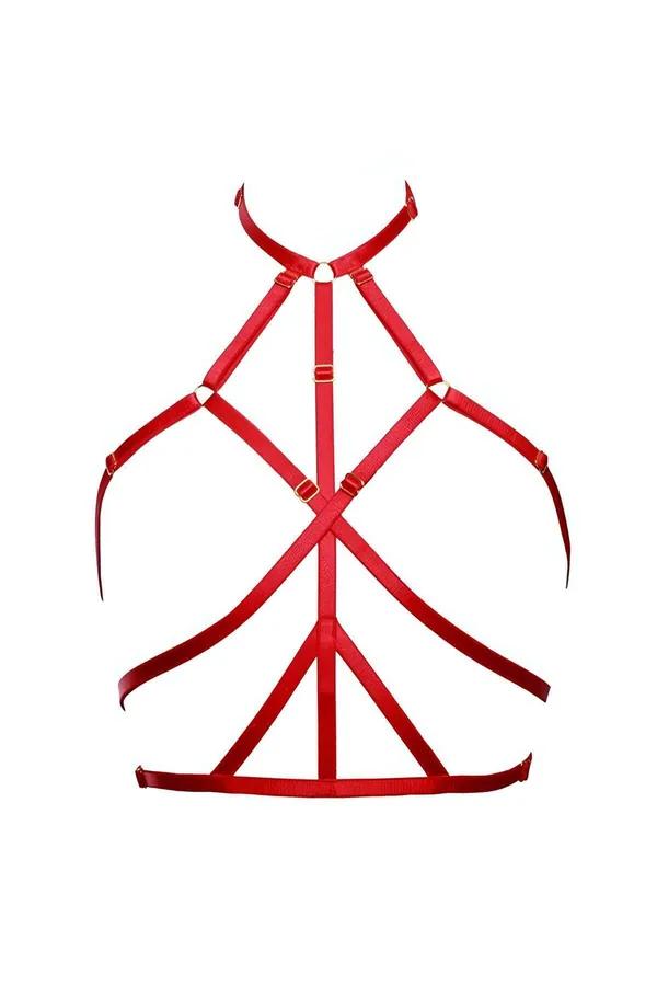 kırmızı saten görünümlü ayarlanabilir göğüs vücut harness altın toka O-halka çapraz bant geometrisi