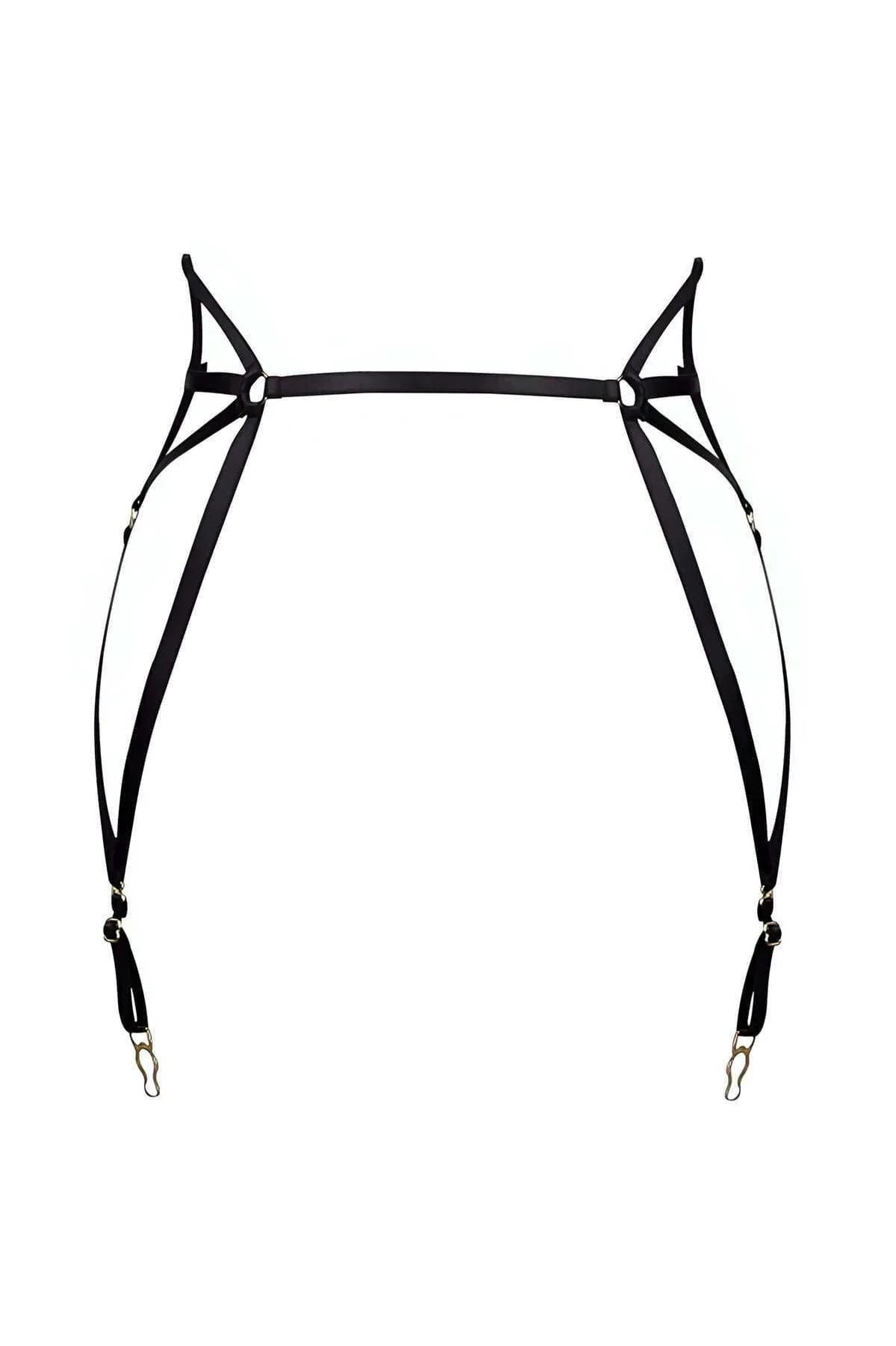 siyah lastik jartiyer harness geometrik çapraz bantlar altın metal çorap klipsleri