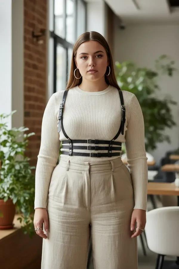 black faux leather chest harness with three structured waist straps and silver buckles worn over cream knit top
