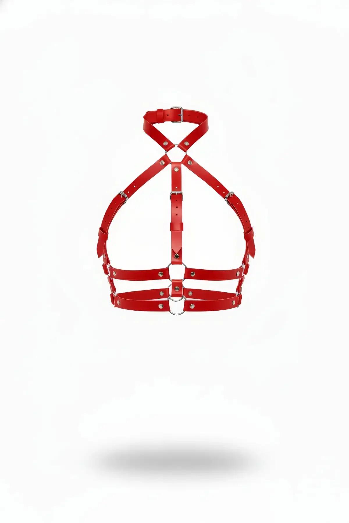 Red faux leather halter chest harness with crossing straps and silver O-ring at underbust center