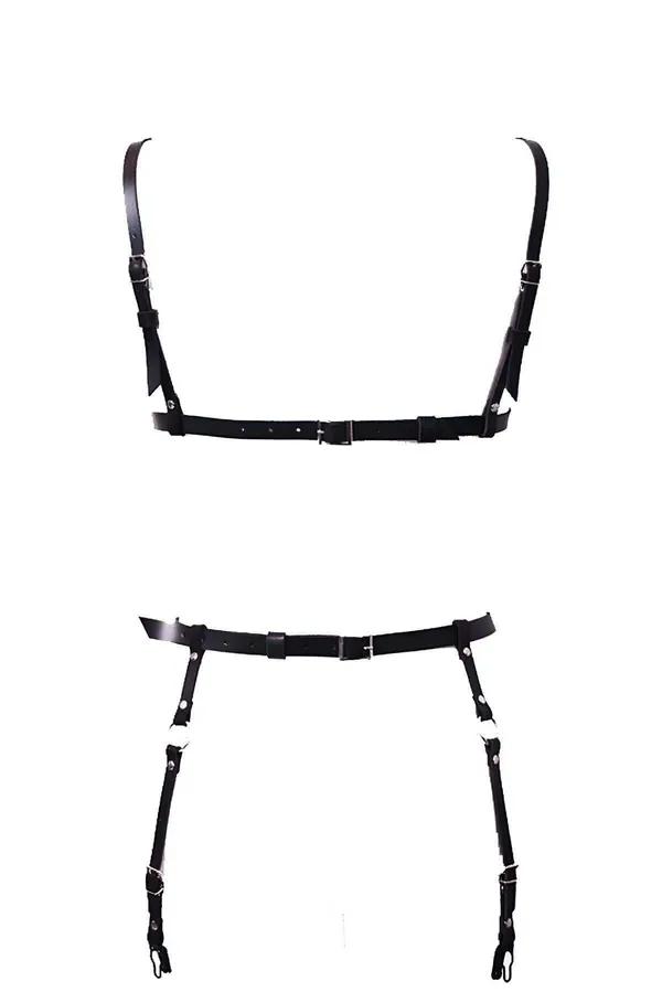 siyah vegan deri harness jartiyer takım, X bant üst harness ve gümüş tokali jartiyer kemeri