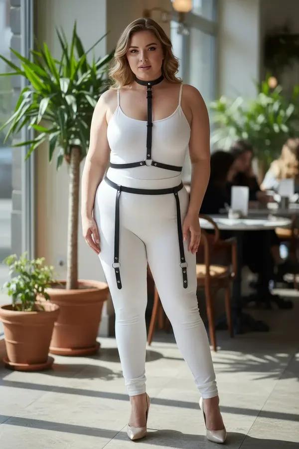 black faux leather full body harness with choker waist belt and detachable garter straps on plus size model