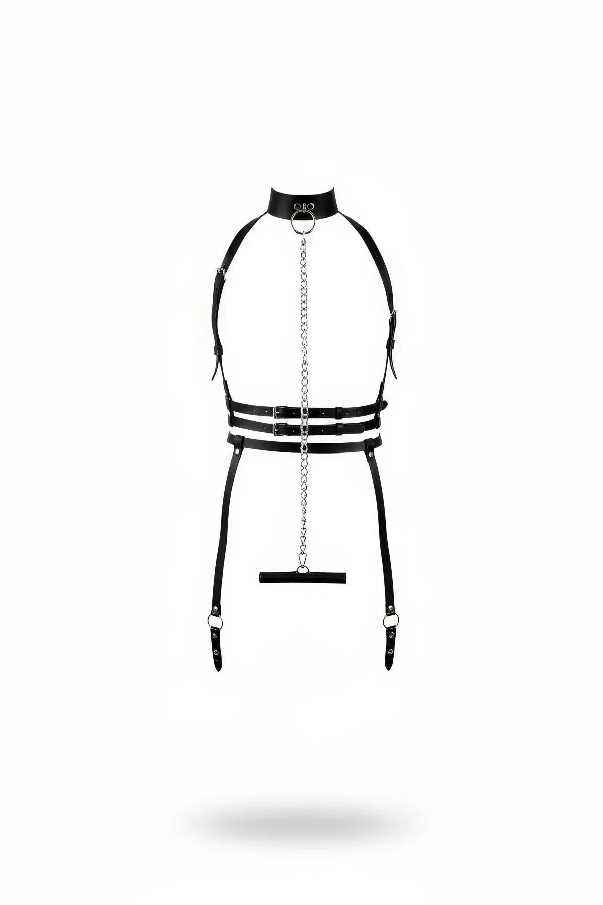 Siyah vegan deri harness takım, boyunluk O-halka gümüş zincir ve çift bel bandı bacak askılı set