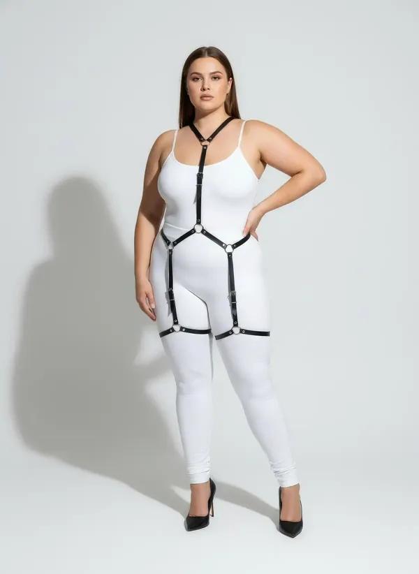 büyük beden siyah vegan deri jartiyer harness gümüş O-halka tam vücut aksesuar