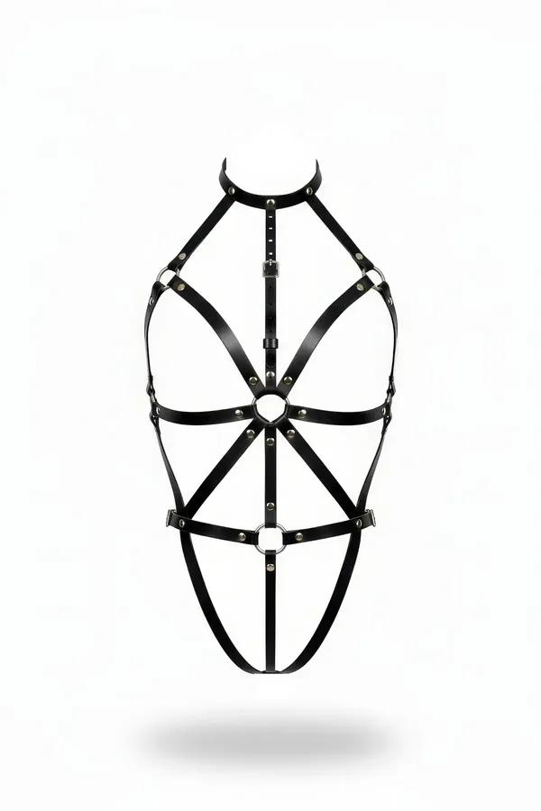 siyah faux leather tam vücut harness boyunluklu geometrik kayış ve gümüş O-ring detaylı önden görünüm