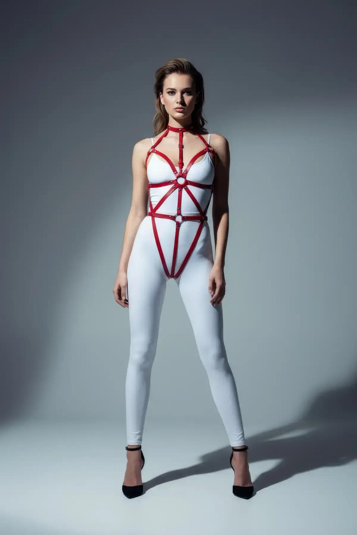kırmızı vegan deri body harness geometrik kayış gümüş O-halka detaylı kadın tam vücut görünümü