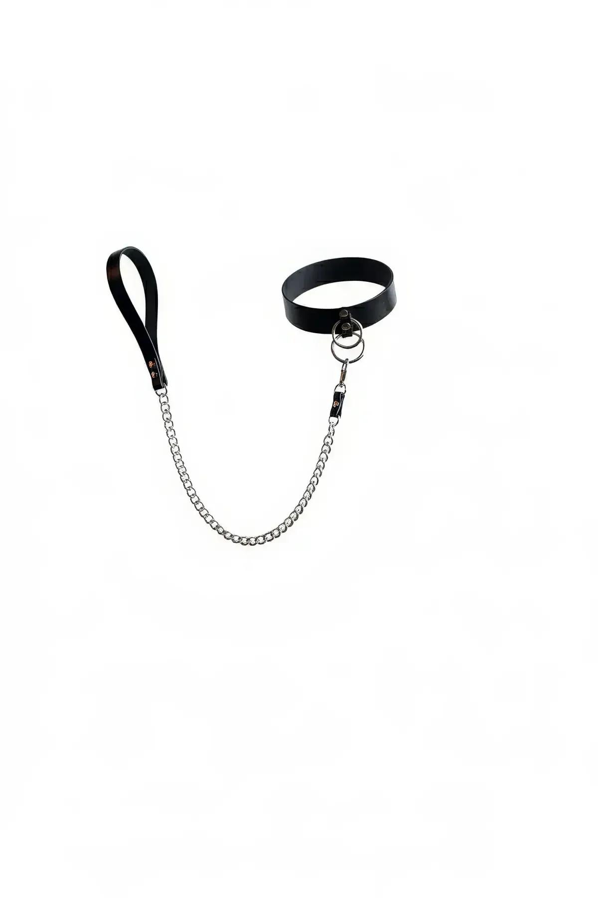 black vegan leather choker with silver curb chain and matching loop handle on white background