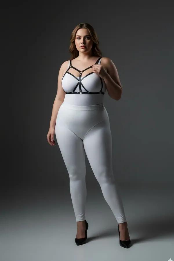 Strappy black faux leather body harness with gold O-ring hardware worn over white bodysuit, cage-style chest strap design