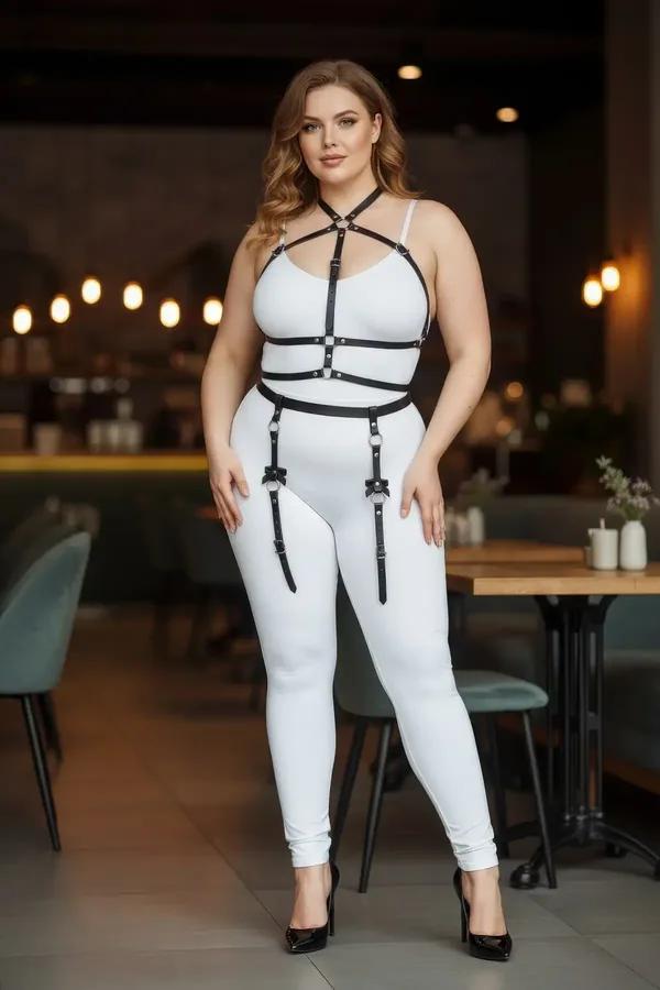 büyük beden siyah vegan deri jartiyer harness O-ring tokalı göğüs bel ve bacak bantlı tam vücut aksesuar