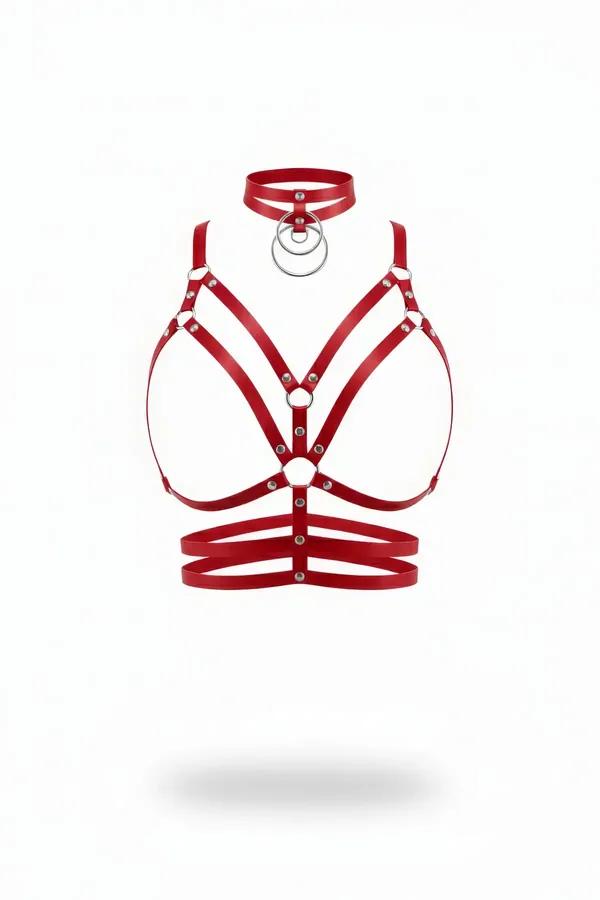 kırmızı suni deri vücut koşum takımı gümüş O-ring choker set geometrik askı yapısı