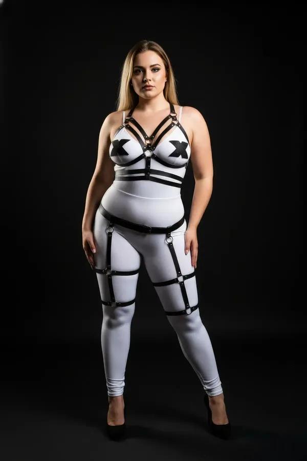 plus size black strappy full body harness with chest cage O-ring detail and adjustable leg garters worn over white leggings