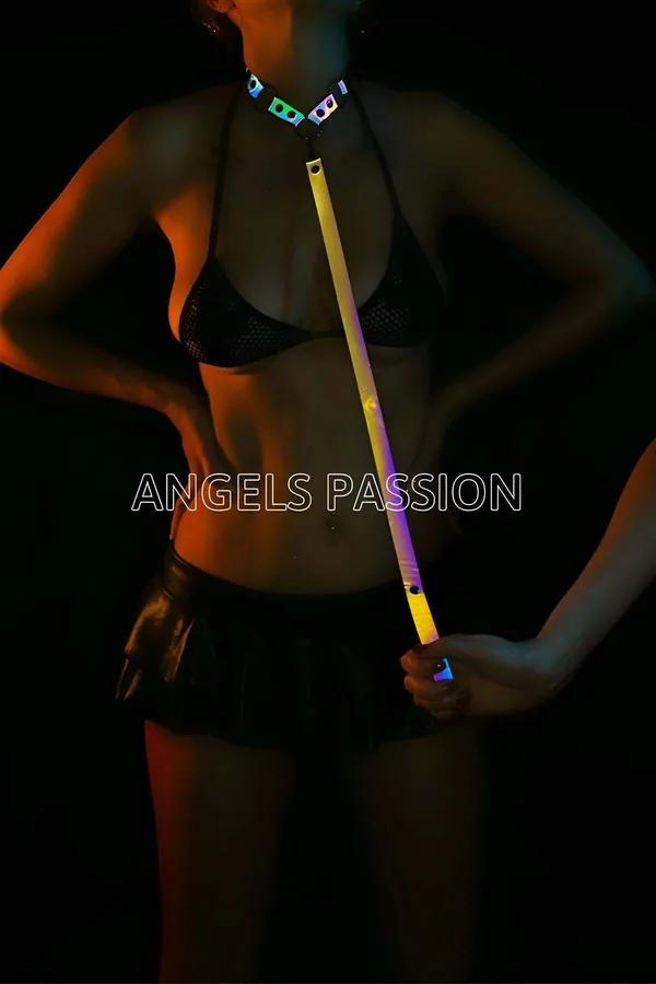 Multicolor holographic collar with detachable LED leash wand glowing yellow orange and blue in low light