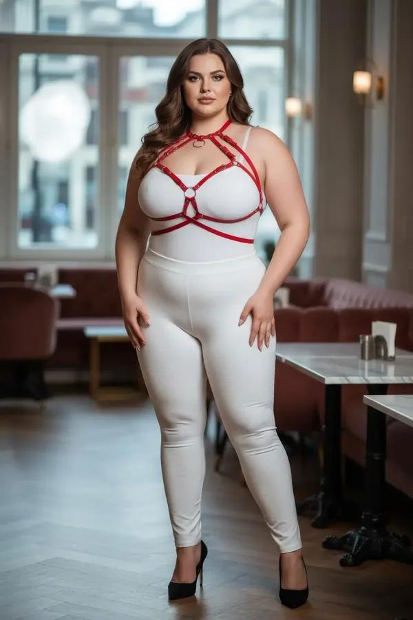 red faux leather cage harness bra with gold O-rings worn over white bodysuit plus size model