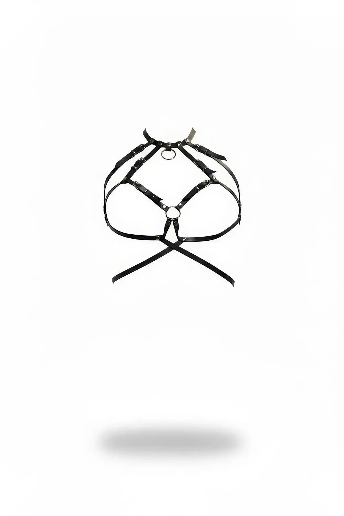 Black faux leather caged harness bra with dual silver O-rings and slider buckles, cross-back strap design