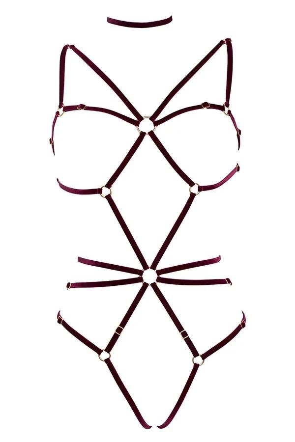 bordo kadife vücut harness sütyen ve külot takımı altın O-halka bağlantılı tam boy sarma