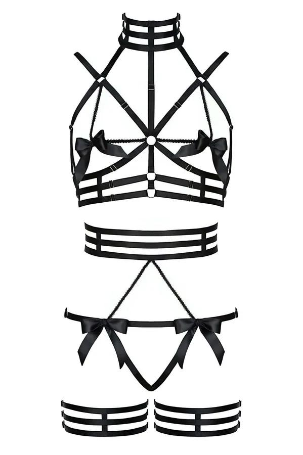 siyah lastik bantlı harness sütyen takım fiyonk detaylı boyunluklu bacak harness set
