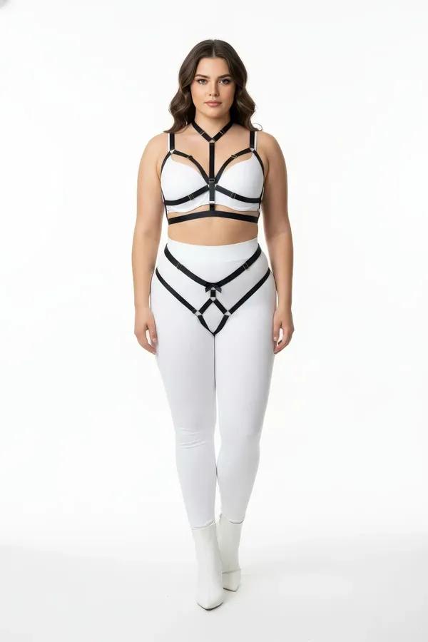 Büyük beden siyah lastik harness takım halka detaylı, göğüs ve bel harness iki parçalı set