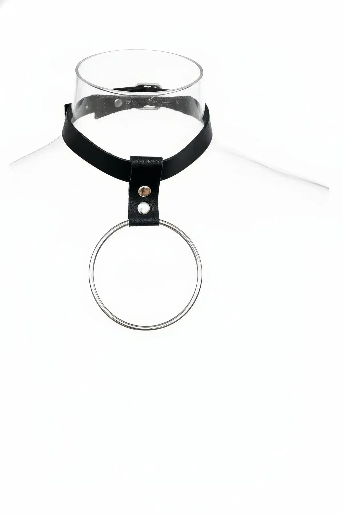 black faux leather o-ring choker with large silver circular pendant and snap-stud tab on mannequin neck