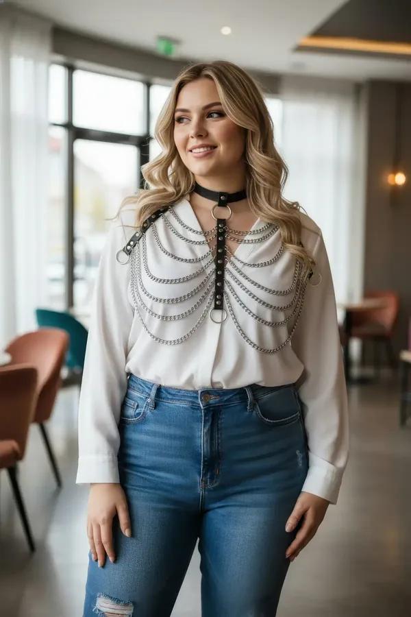 black faux leather choker harness with five cascading silver-tone chain rows and O-rings at shoulders and neckline