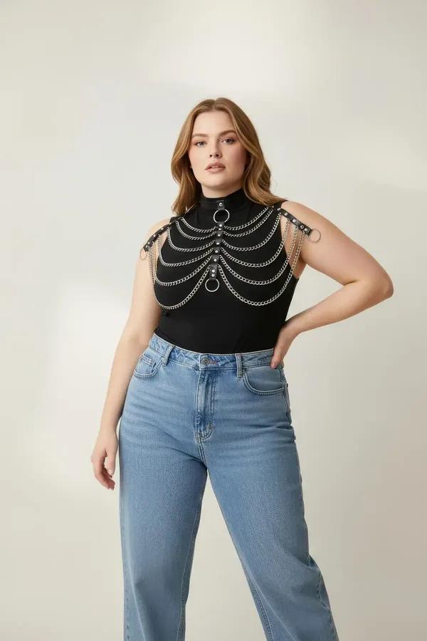 black faux leather choker harness with five cascading silver-tone chain rows and O-rings at shoulders and neckline