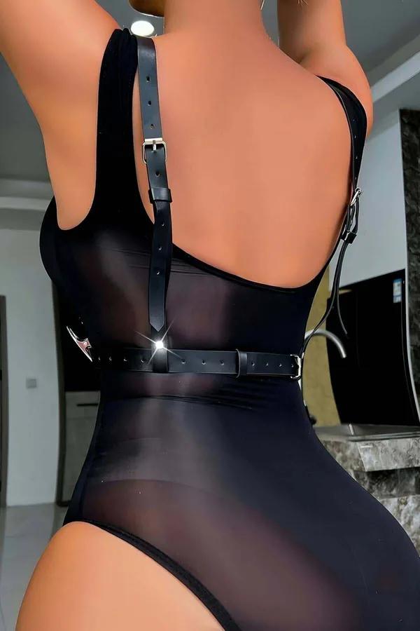 siyah vegan deri harness gümüş O-halka ve perçin detaylı göğüs bel kayış aksesuarı