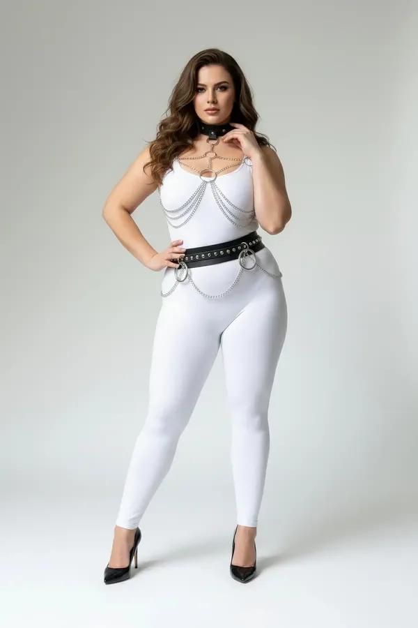 büyük beden siyah vegan deri harness takım gümüş zincir O-ring boyunluk göğüs haznesi bel kemeri