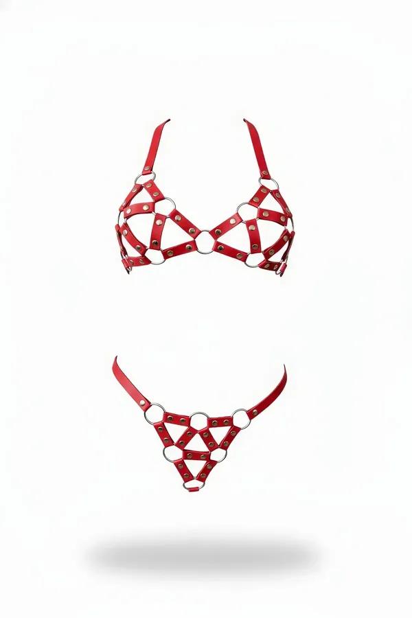 kırmızı vegan deri harness sütyen-külot takım gümüş O-halka zımba detaylı geometrik şerit set