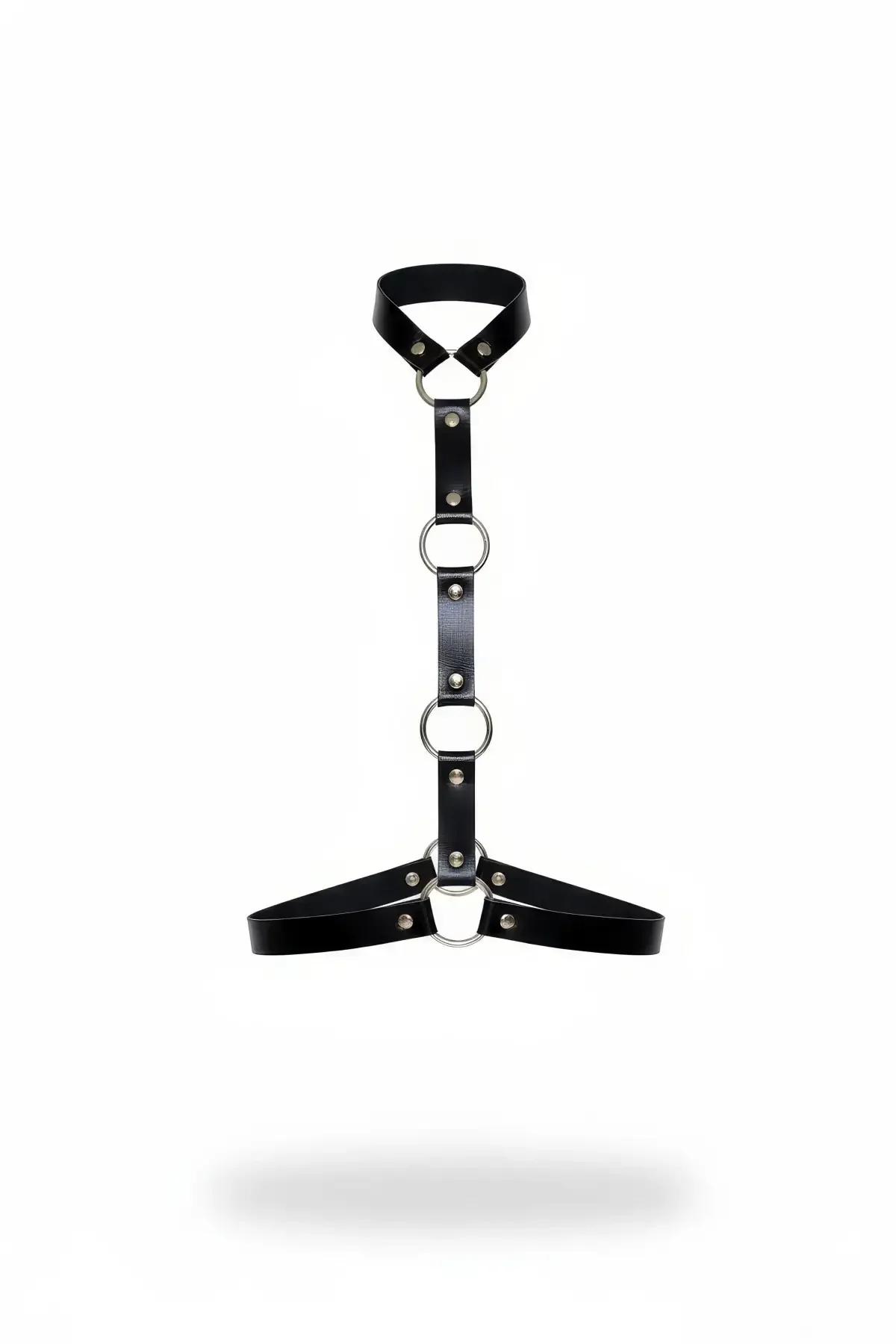 Black faux leather o-ring neck to underbust harness with three silver O-rings on a central front spine