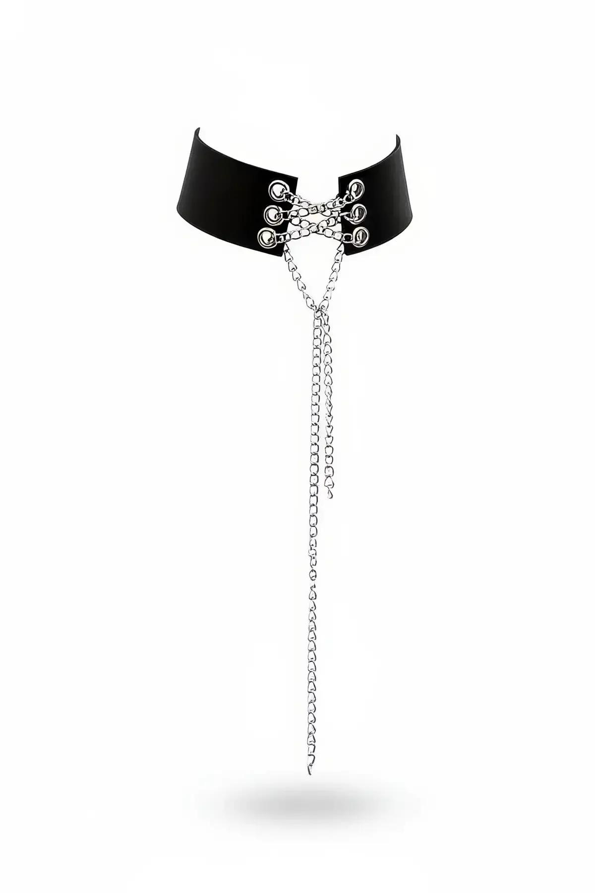 black wide faux leather choker with silver eyelet lace-up front and cascading chain tails on white background