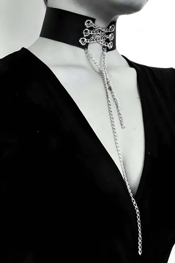 siyah vegan deri geniş choker kolye gümüş zincir sarkıtlı dört O-halkalı tasarım