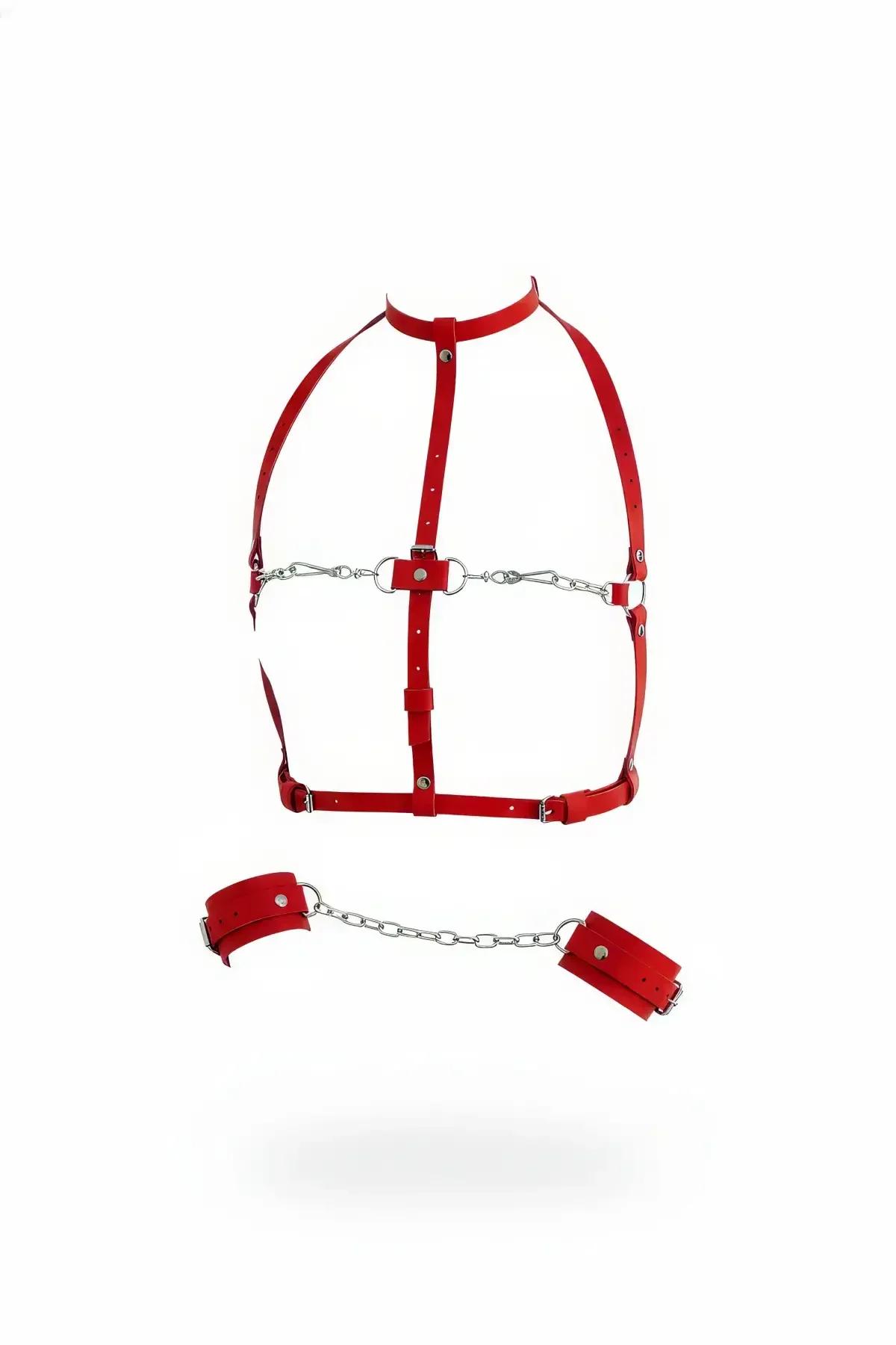 red faux leather chest harness with collarband and silver chain D-ring hardware plus detachable wrist cuffs
