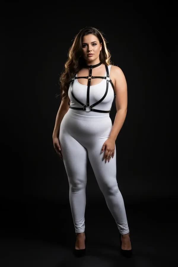 Black faux leather strappy chest harness with silver O-ring detail and integrated choker worn over white outfit